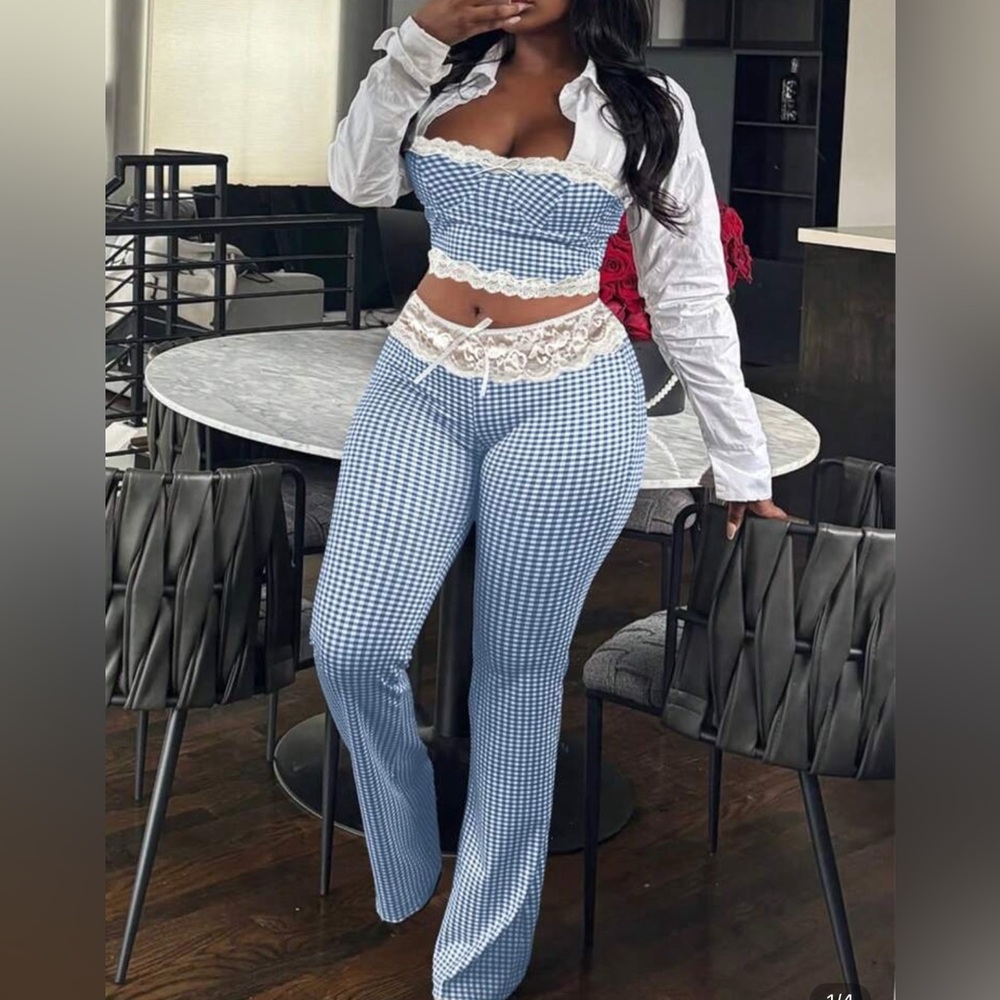 Blue and White Gingham Two-Piece Set